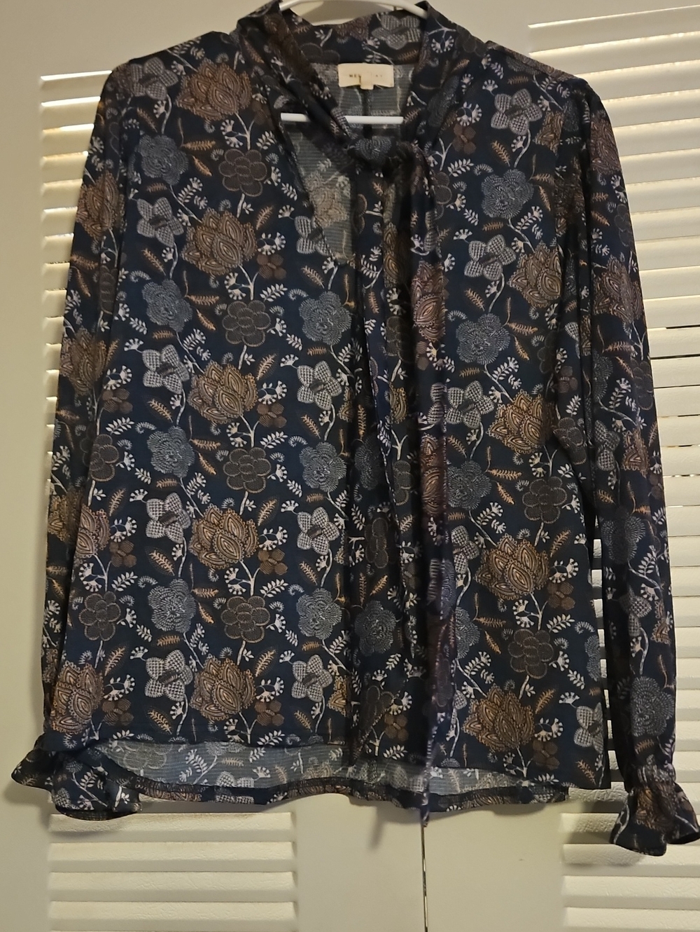 Navy Floral Tie-Neck Sheer Blouse with Brown Accents